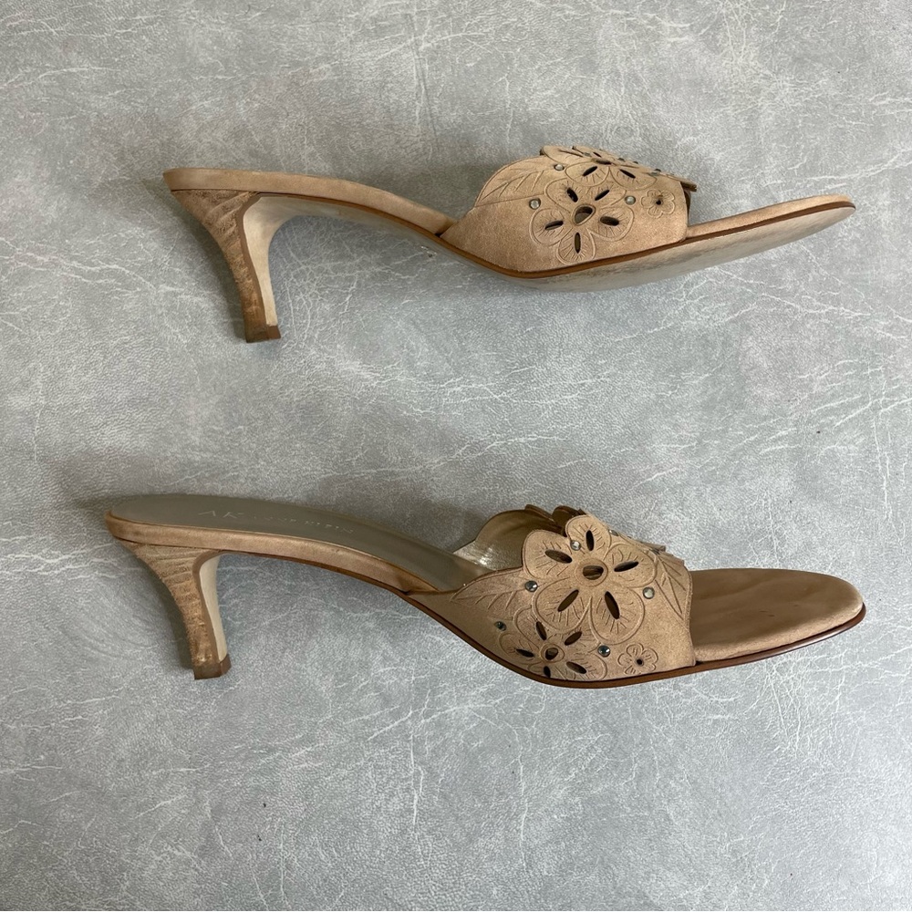 Anne Klein Tan Perforated Leather Floral Heels with Rhinestone Embellishment - Picture 5 of 11